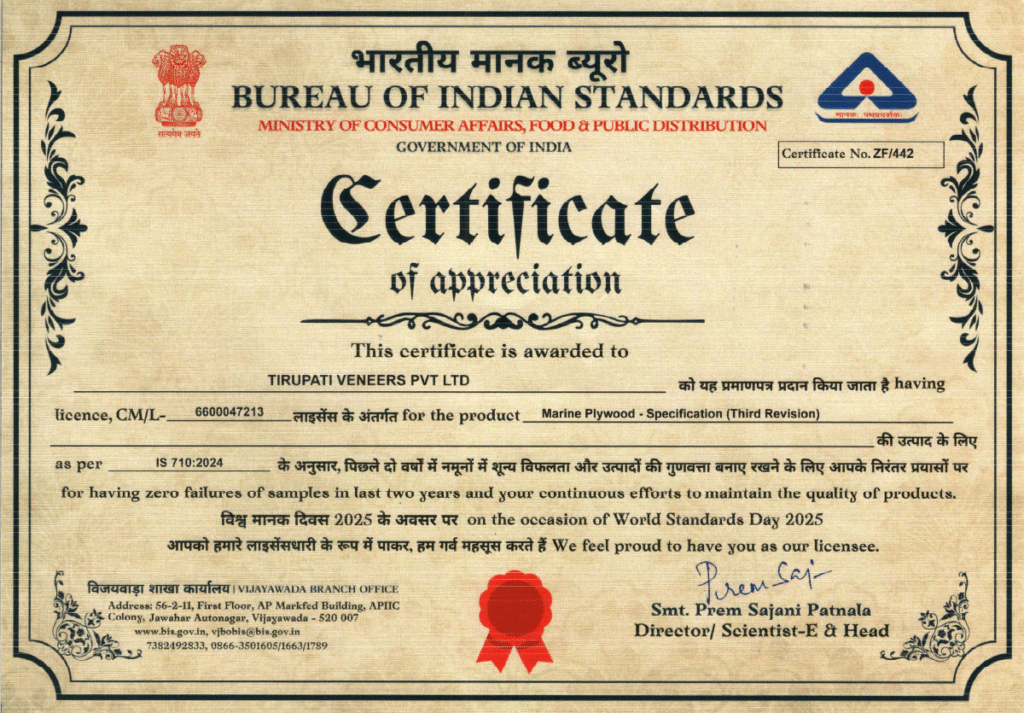 Evertech Ply Wins BIS Certificate of Appreciation 2025 — A New Benchmark in Plywood Quality! 1 BIS Certificate of Appreciation 2025 awarded to Evertech Ply for outstanding plywood qualit