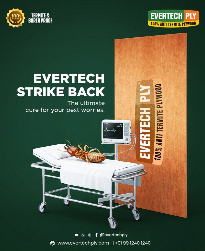 Evertech Ply anti-termite plywood advertisement showing termites on a hospital bed beside a plywood panel, symbolizing complete protection against termite attacks.