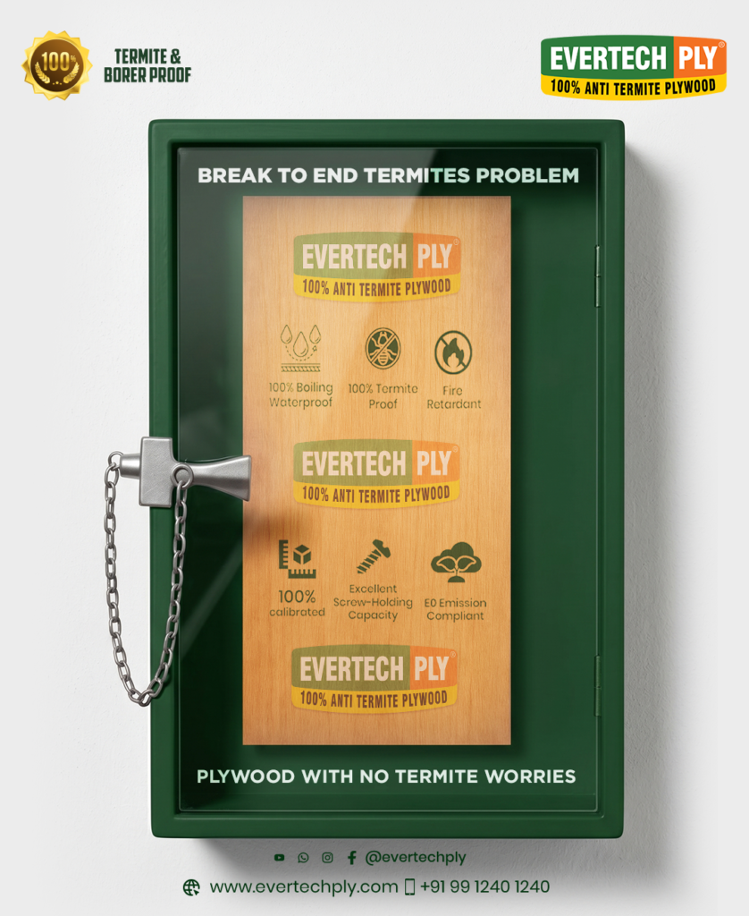 Evertech Ply anti-termite plywood secured inside a locked protective cabinet, representing strong termite resistance and long-lasting durability.