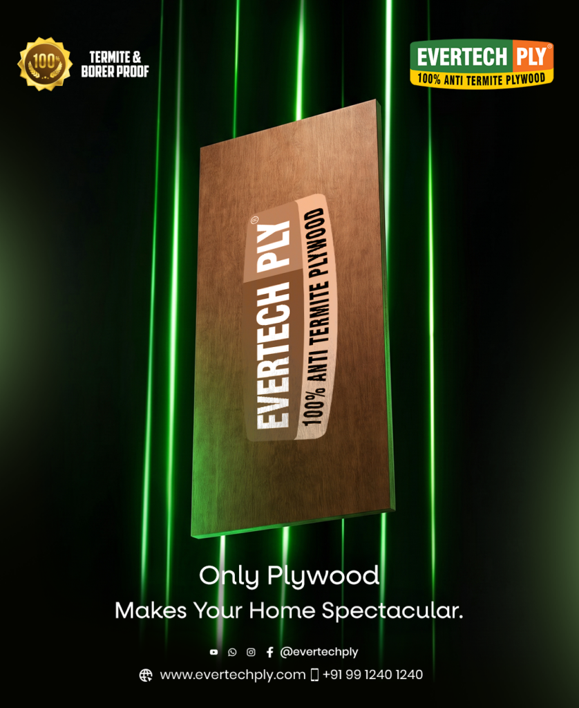 Evertech Ply premium plywood board floating against a futuristic green light background, showcasing elegant and durable interior solutions.