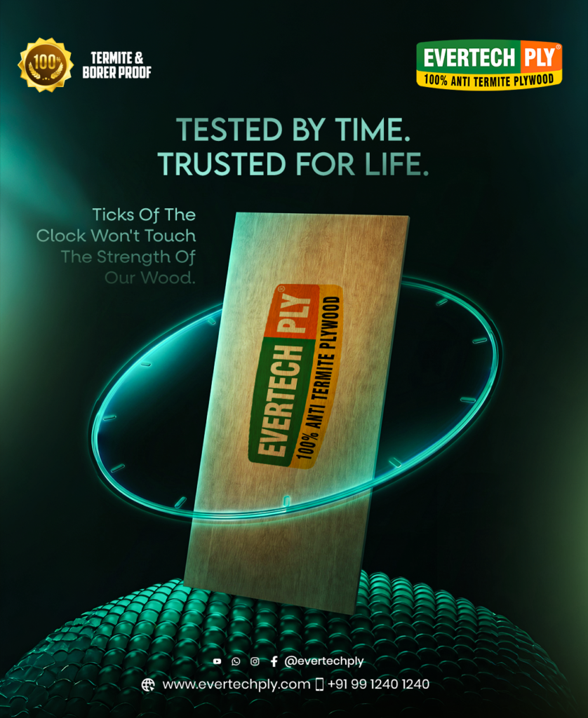 Evertech Ply anti-termite plywood standing above a glowing clock-inspired platform, emphasizing long-term strength, reliability, and durability.