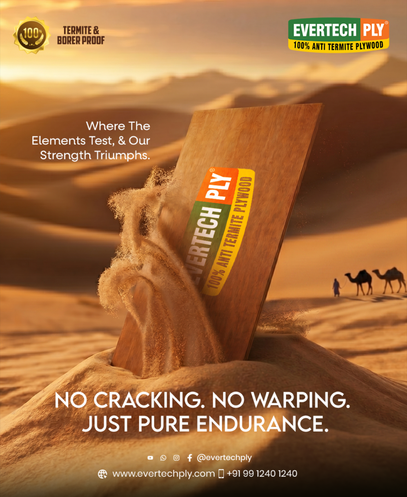 Evertech Ply anti-termite plywood panel enduring harsh desert conditions with blowing sand, demonstrating resistance to cracking and warping.
