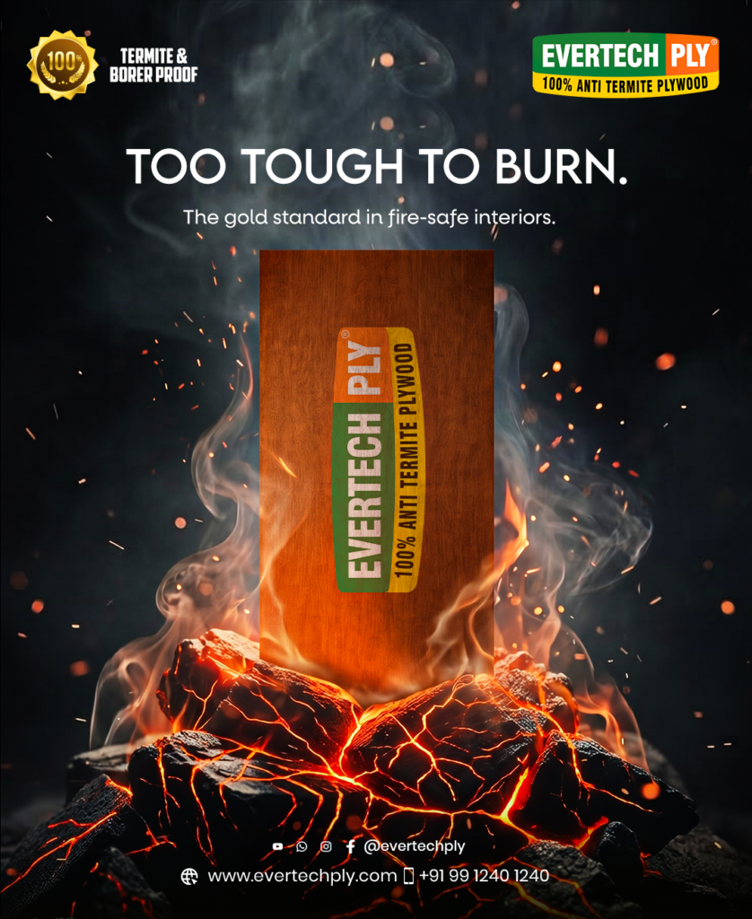 Evertech Ply fire-retardant plywood standing above burning coals and flames, highlighting superior fire resistance and interior safety.