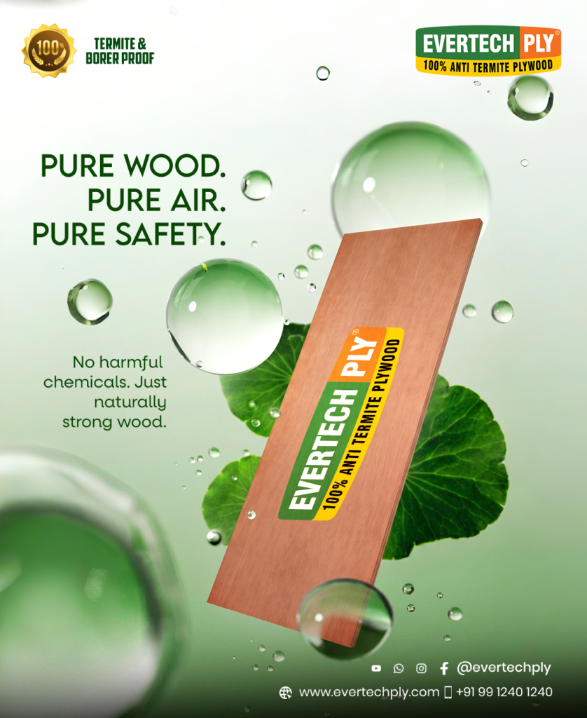 Evertech Ply eco-friendly plywood surrounded by green leaves and water droplets, emphasizing natural strength, low emissions, and healthier indoor air quality.