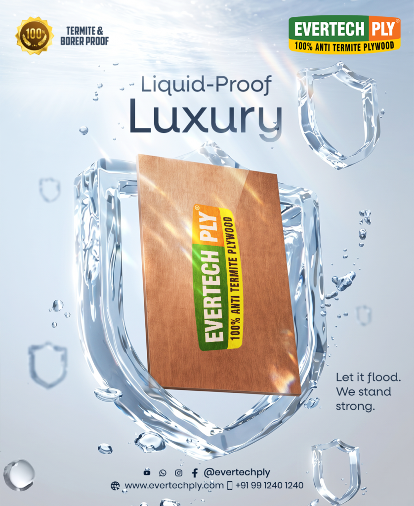 Evertech Ply waterproof plywood protected by a transparent water shield, showcasing advanced moisture resistance and long-lasting performance.