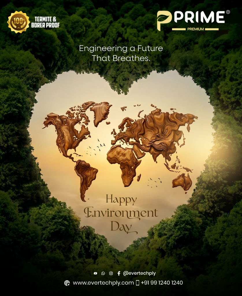 Environment Day creative featuring a wooden world map inside a heart-shaped forest, symbolizing sustainable and eco-friendly plywood solutions.