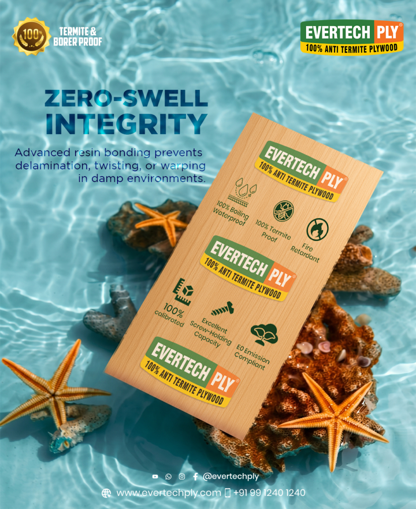 Evertech Ply anti-termite plywood board displayed over crystal-clear water with marine elements, highlighting zero-swell integrity and waterproof performance.