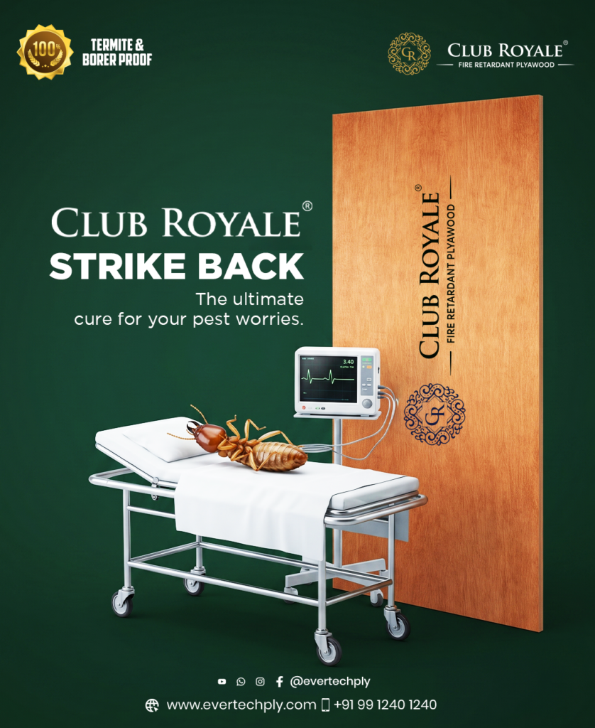 Club Royale fire-retardant plywood advertisement featuring termites on a hospital bed beside a plywood panel, symbolizing powerful termite and pest protection.